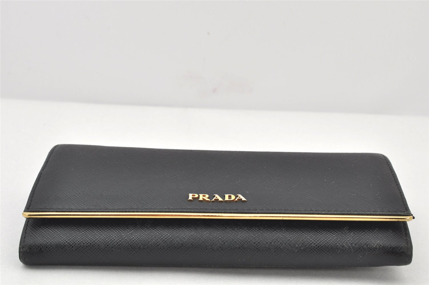 Authentic PRADA Saffiano Metal Bar Leather Long Wallet Purse Black 3730K