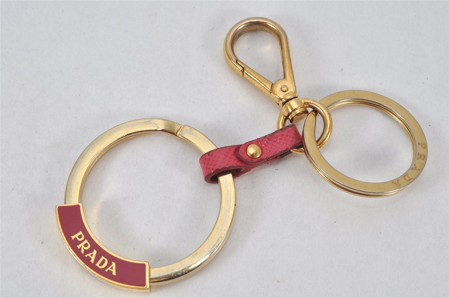 Authentic PRADA Vintage Logo Key Ring Charm Gold Plating Leather Box 3732K