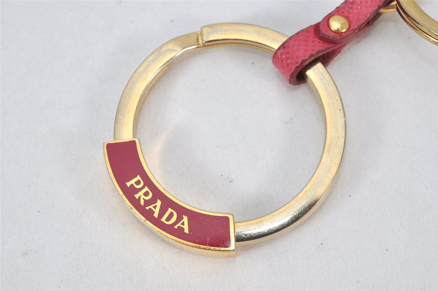 Authentic PRADA Vintage Logo Key Ring Charm Gold Plating Leather Box 3732K