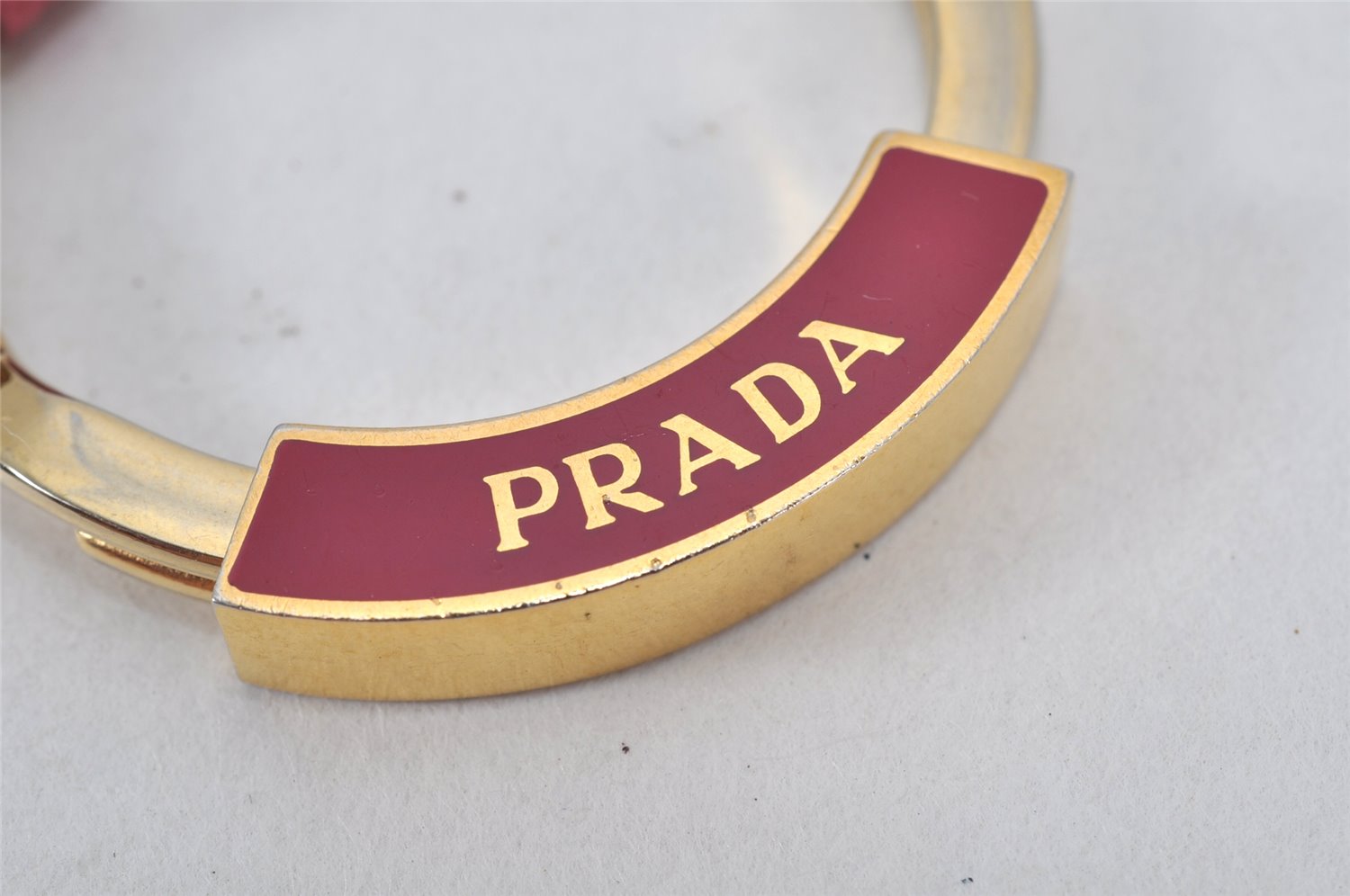 Authentic PRADA Vintage Logo Key Ring Charm Gold Plating Leather Box 3732K