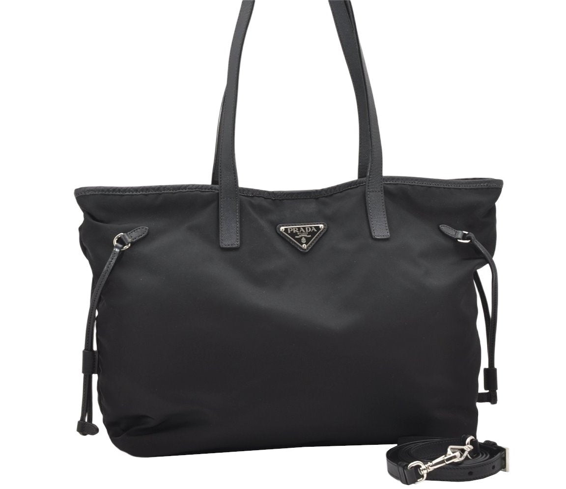 Authentic PRADA Nylon Tessuto Saffiano Leather 2Way Tote Bag Black 3736K