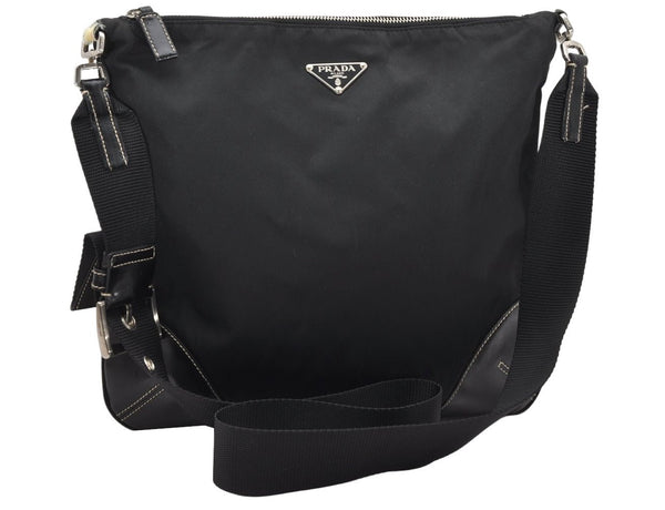 Authentic PRADA Nylon Tessuto Leather Shoulder Cross Body Bag Black 3738K