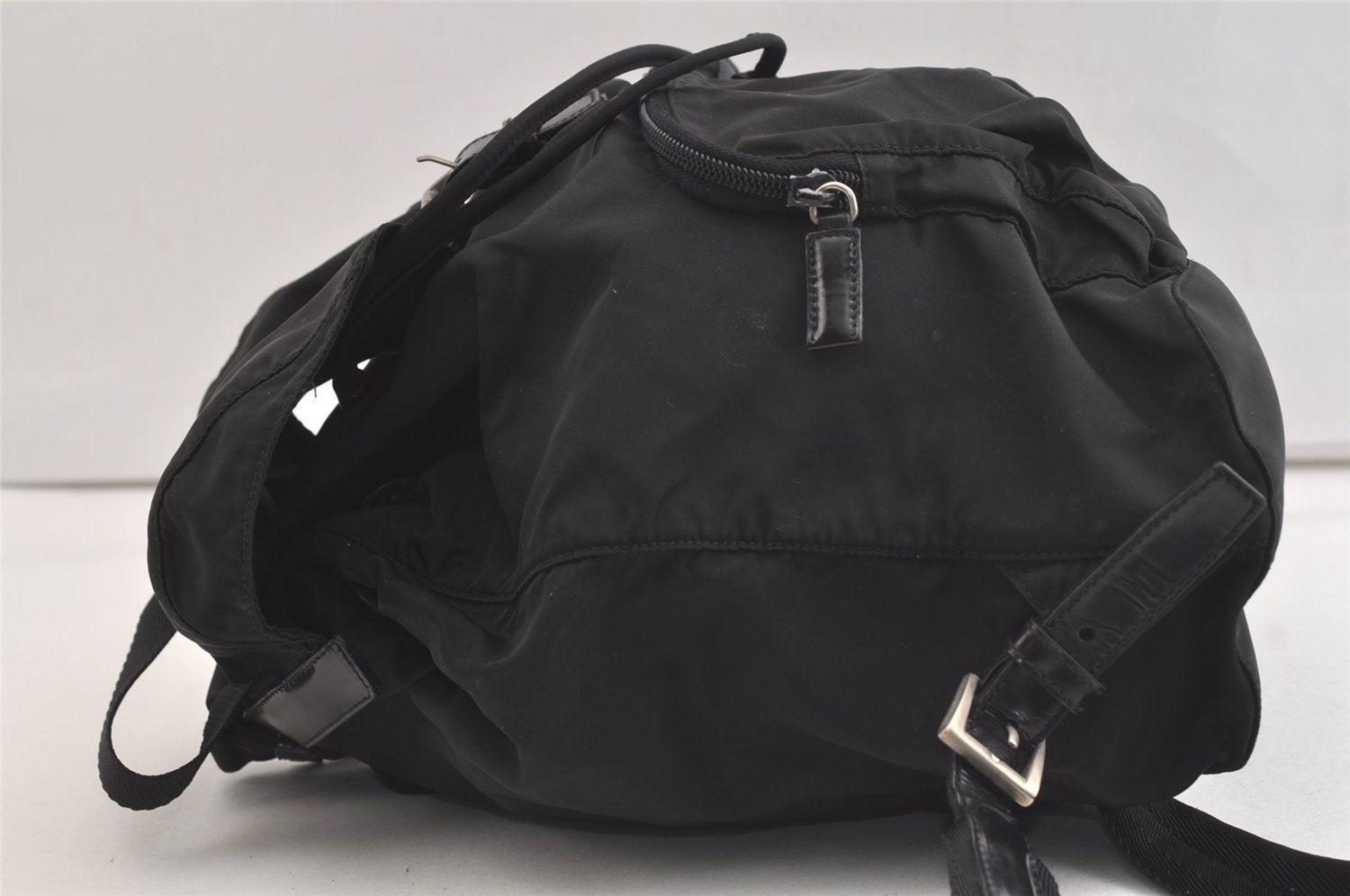 Authentic PRADA Nylon Tessuto Leather Drawstring Backpack Purse Black 3740K