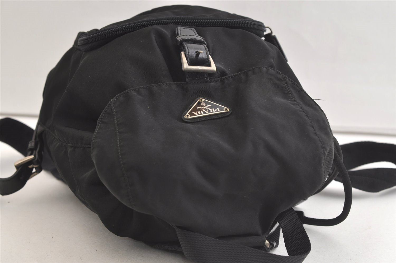 Authentic PRADA Nylon Tessuto Leather Drawstring Backpack Purse Black 3740K