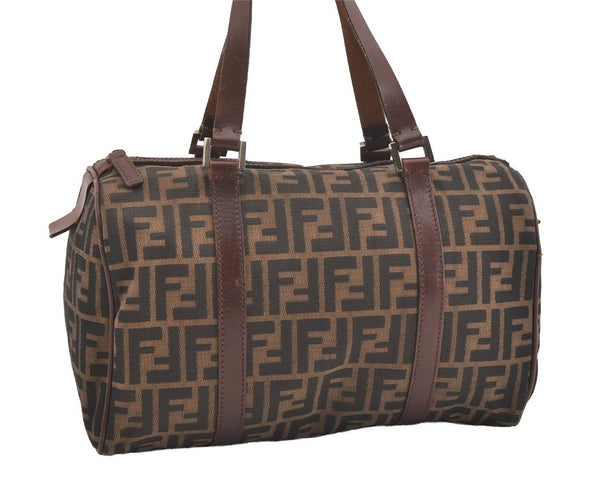 Authentic FENDI Zucca Hand Boston Bag Purse Canvas Leather Brown 3747J