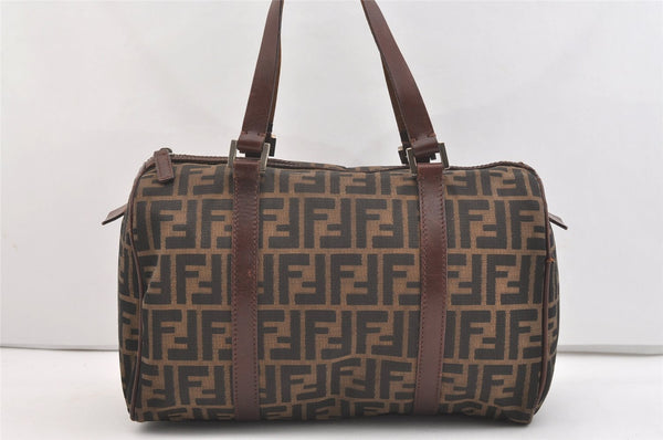 Authentic FENDI Zucca Hand Boston Bag Purse Canvas Leather Brown 3747J