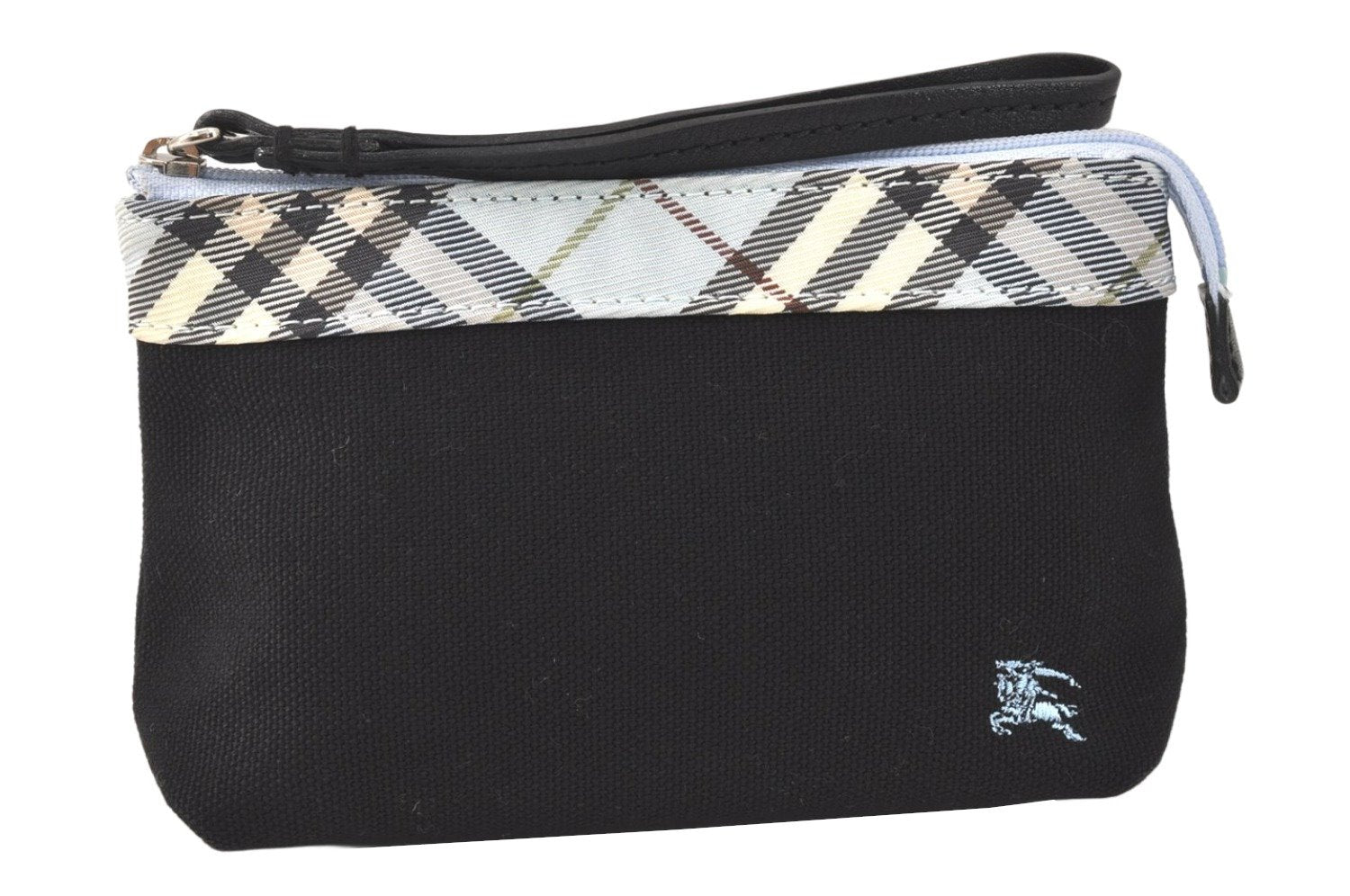 Authentic BURBERRY BLUE LABEL Check Pouch Purse Canvas Leather Black 3751K