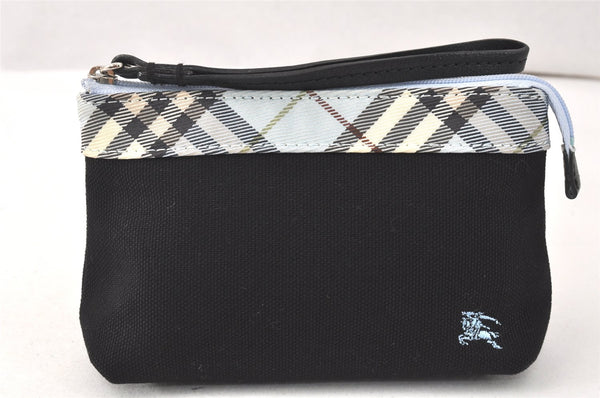 Authentic BURBERRY BLUE LABEL Check Pouch Purse Canvas Leather Black 3751K