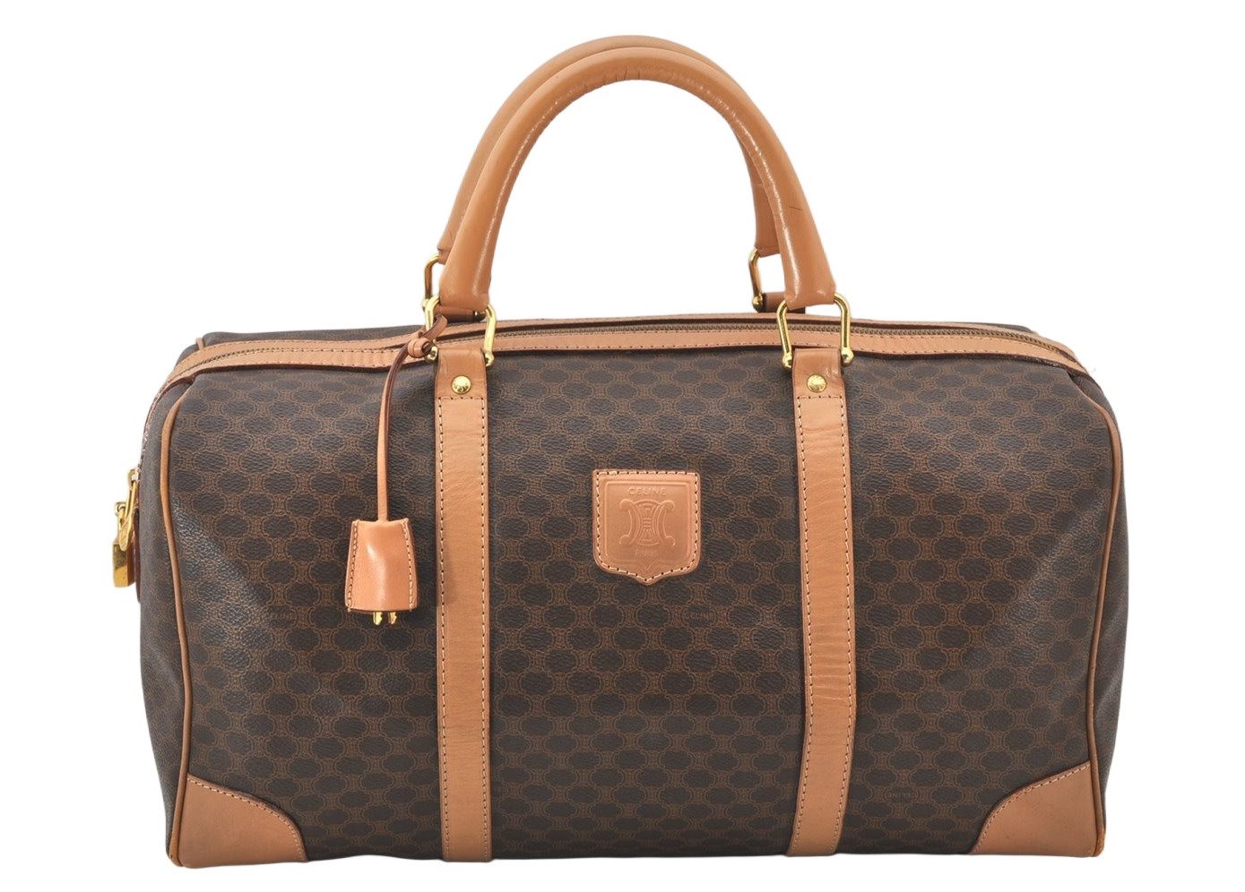Authentic CELINE Macadam Blason Pattern Hand Boston Bag PVC Leather Brown 3753K