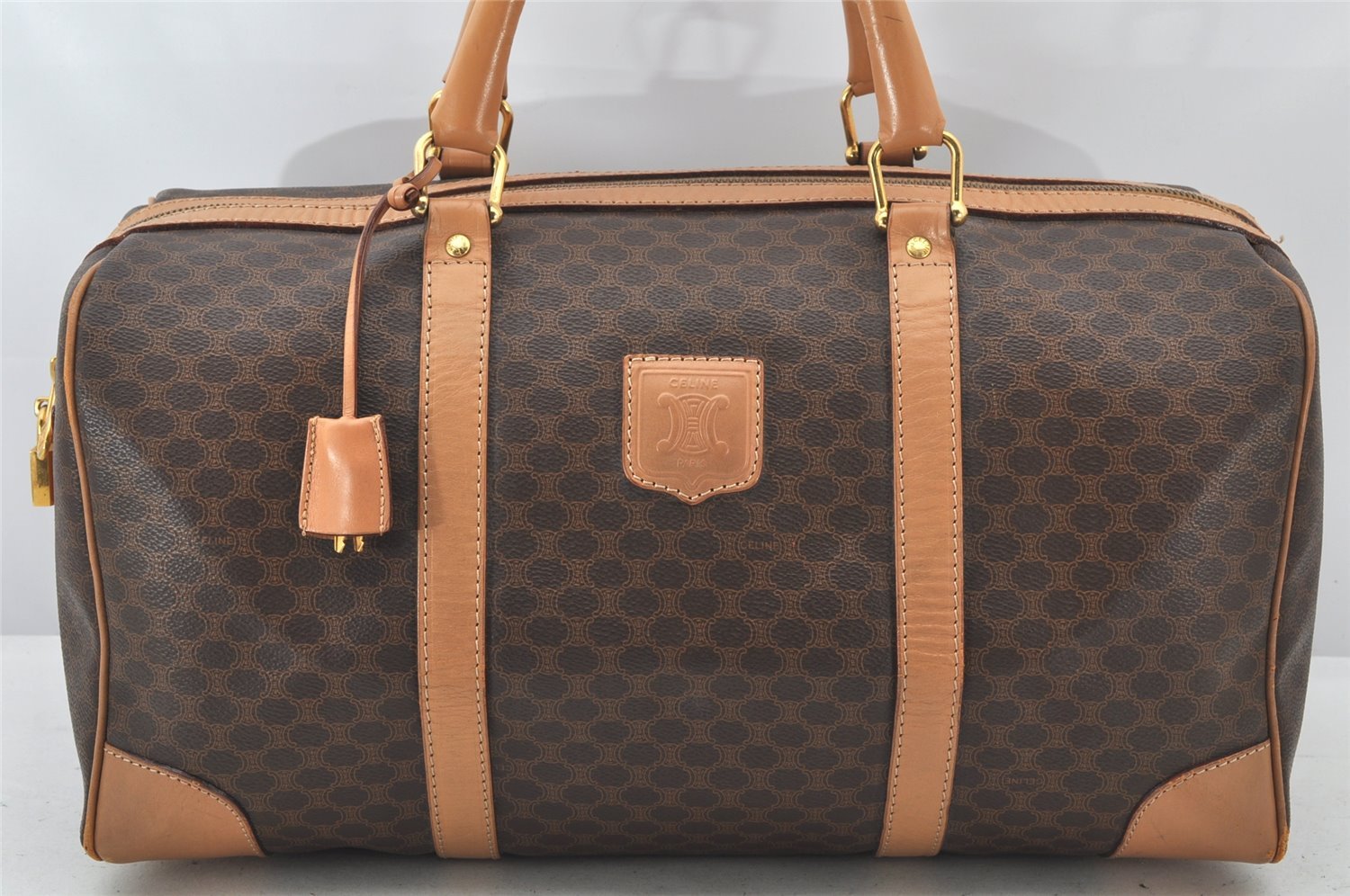 Authentic CELINE Macadam Blason Pattern Hand Boston Bag PVC Leather Brown 3753K