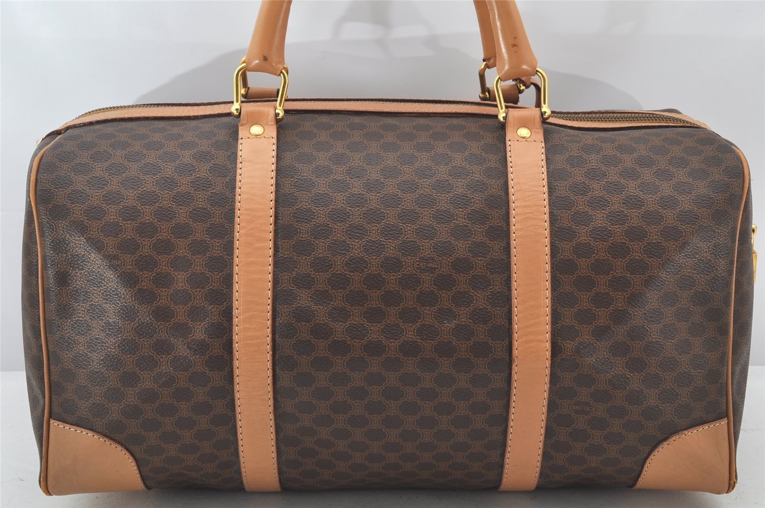 Authentic CELINE Macadam Blason Pattern Hand Boston Bag PVC Leather Brown 3753K