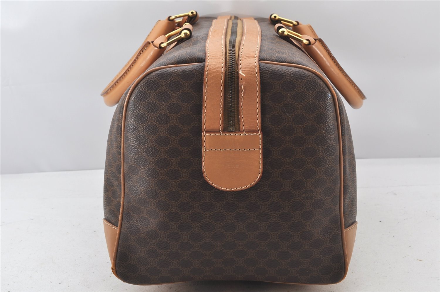 Authentic CELINE Macadam Blason Pattern Hand Boston Bag PVC Leather Brown 3753K
