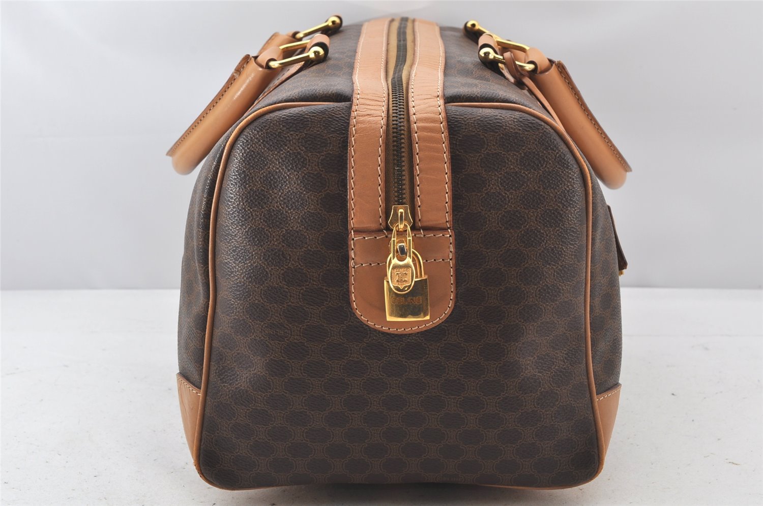 Authentic CELINE Macadam Blason Pattern Hand Boston Bag PVC Leather Brown 3753K