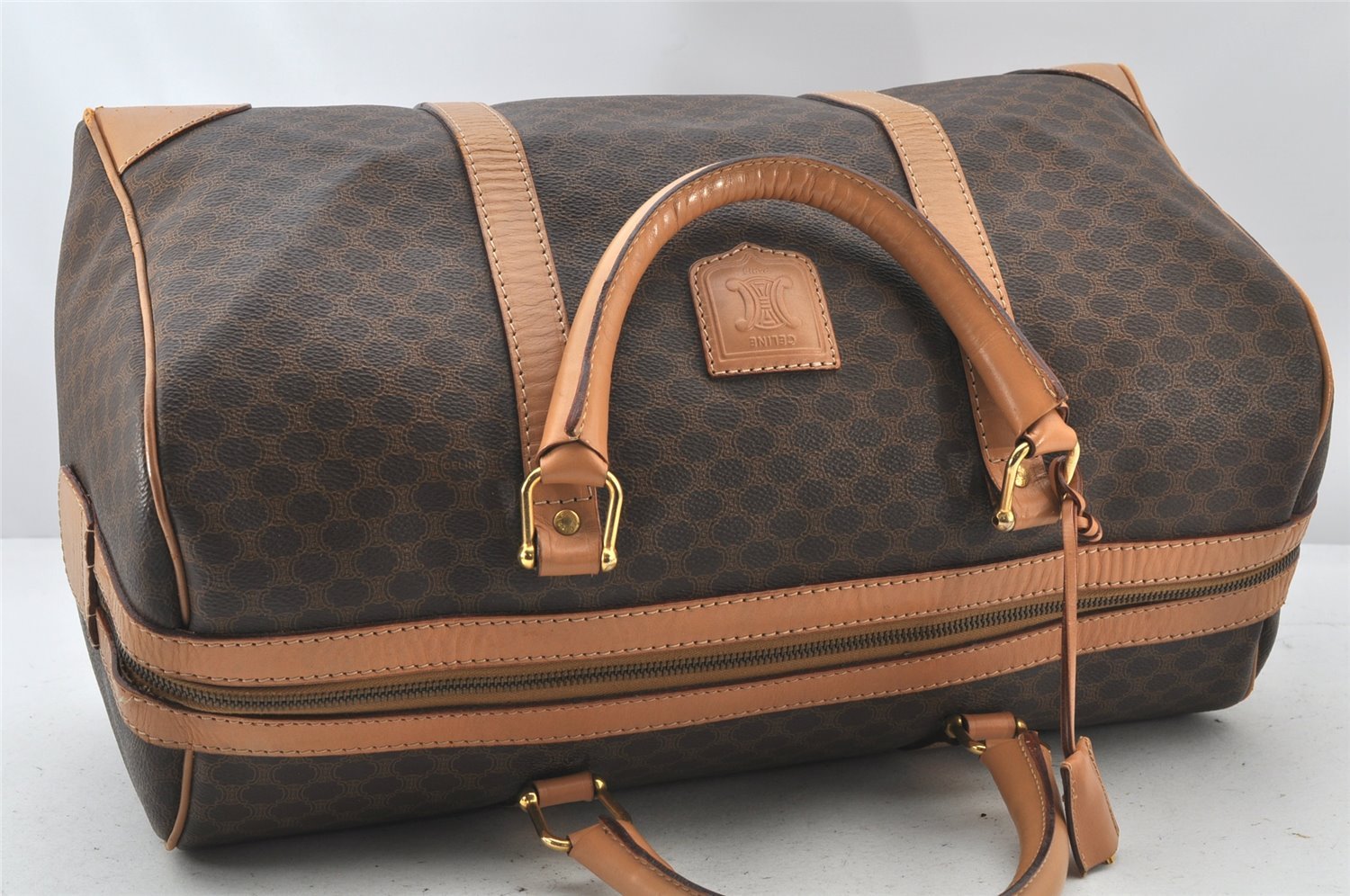 Authentic CELINE Macadam Blason Pattern Hand Boston Bag PVC Leather Brown 3753K