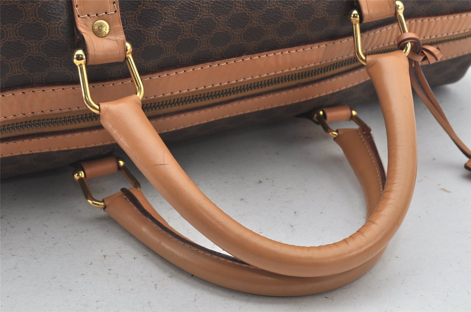 Authentic CELINE Macadam Blason Pattern Hand Boston Bag PVC Leather Brown 3753K