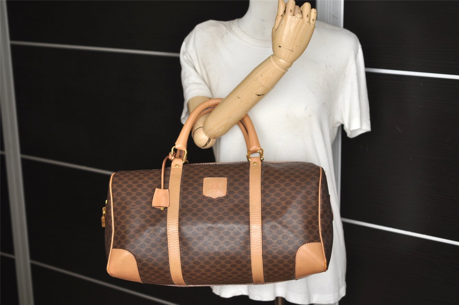 Authentic CELINE Macadam Blason Pattern Hand Boston Bag PVC Leather Brown 3753K
