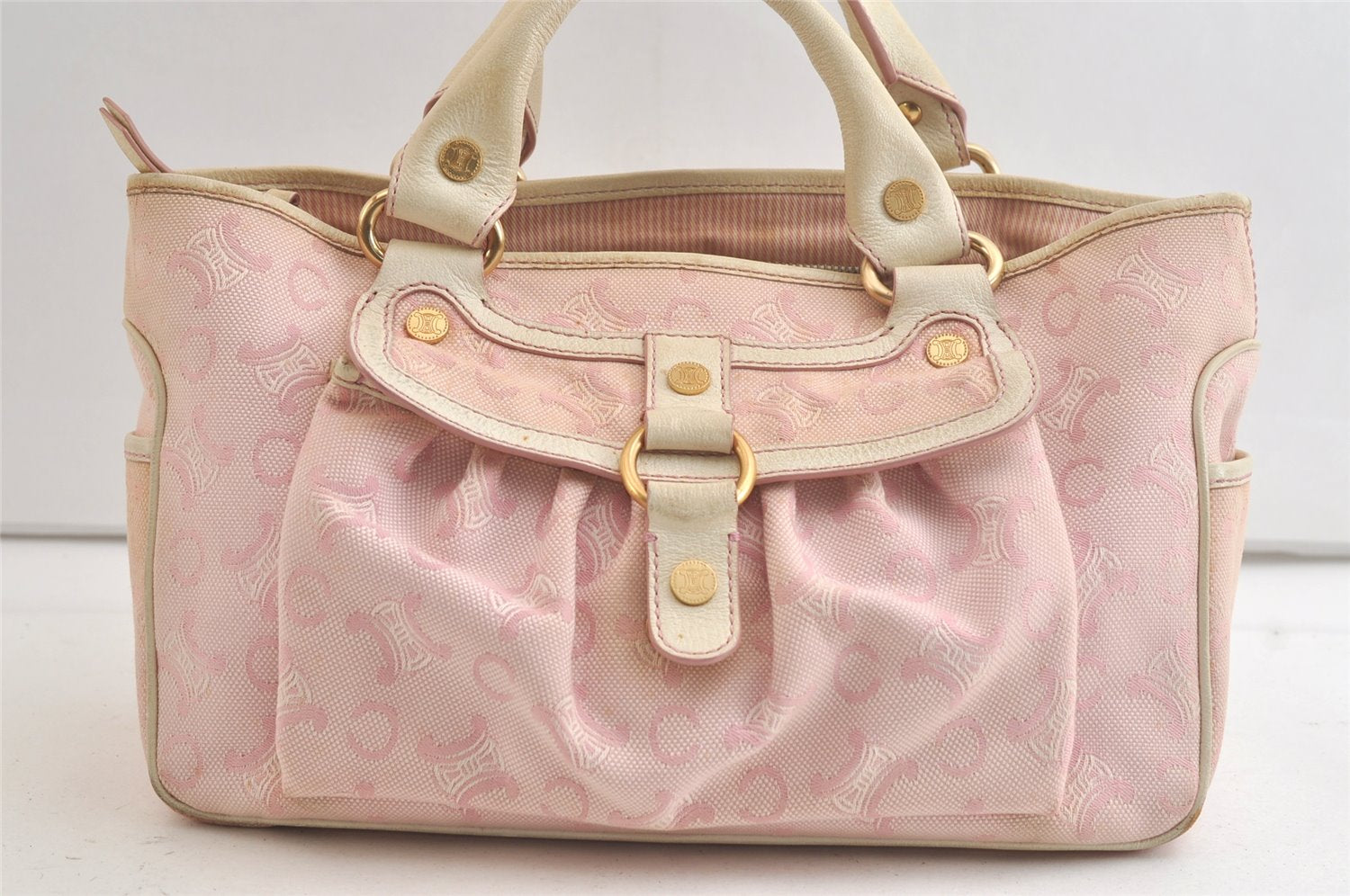Authentic CELINE Boogie Bag C Macadam Blason Hand Bag Canvas Leather Pink 3754K