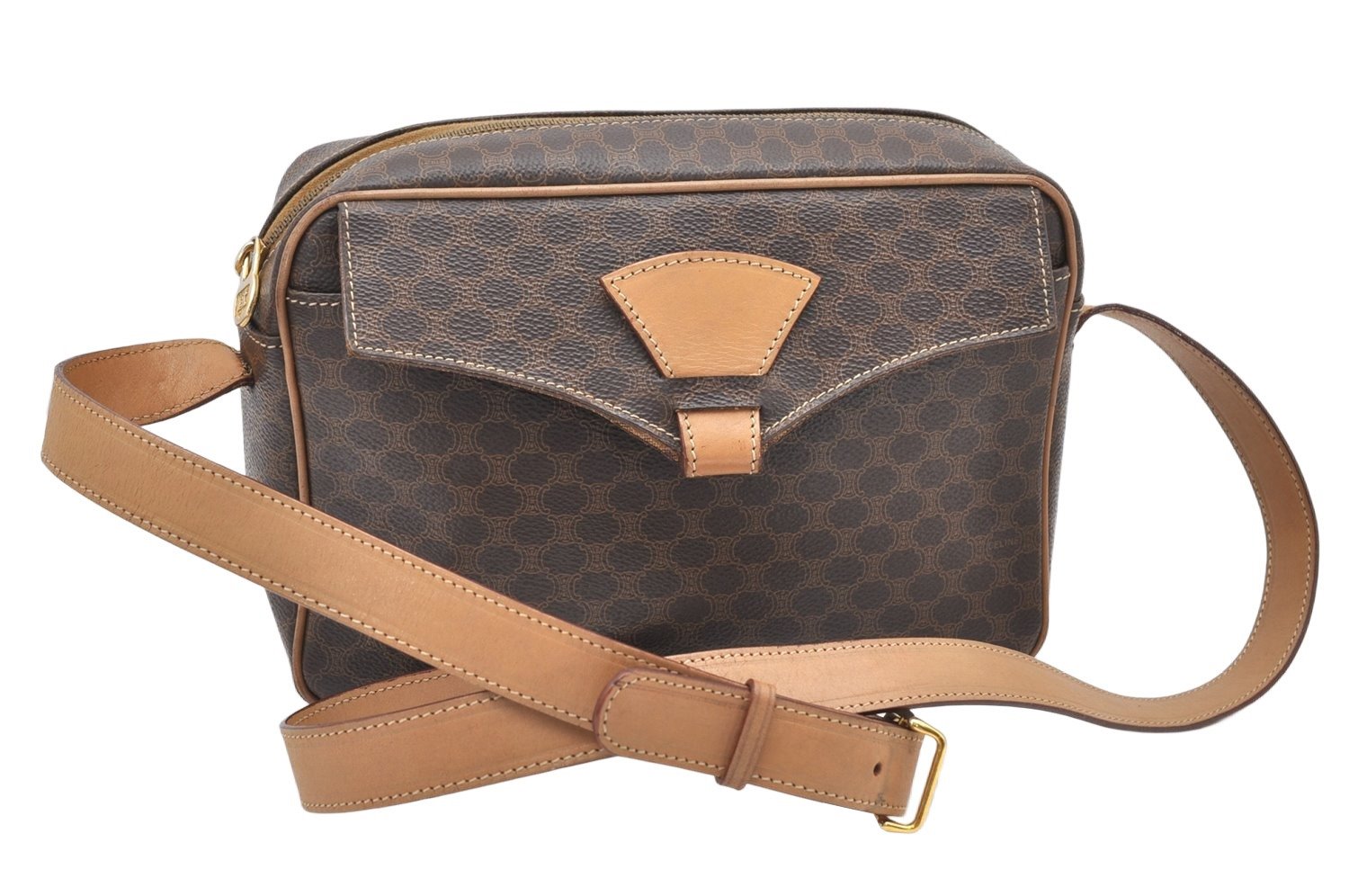 Authentic CELINE Macadam Blason Shoulder Cross Body Bag PVC Leather Brown 3756K