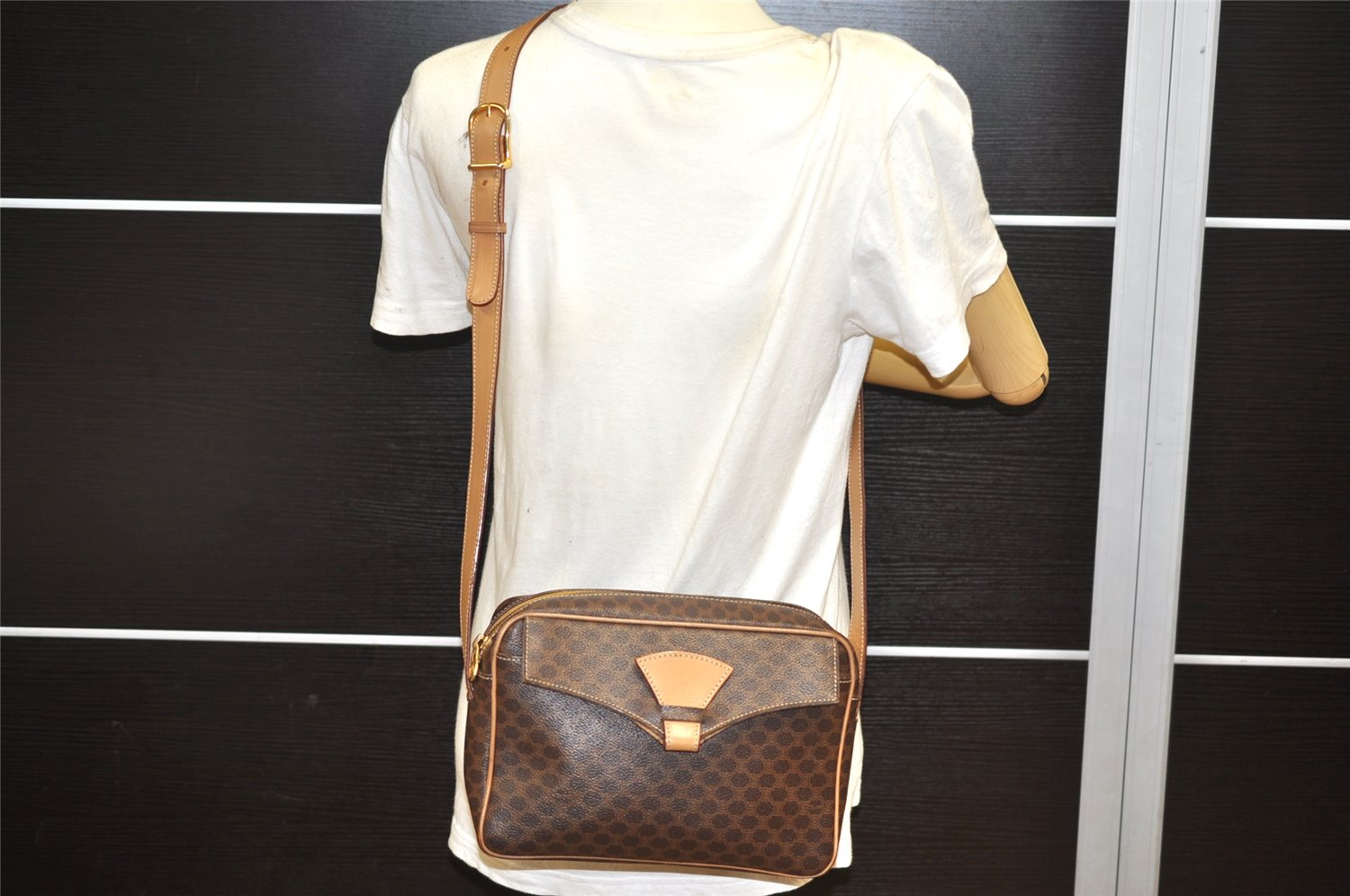 Authentic CELINE Macadam Blason Shoulder Cross Body Bag PVC Leather Brown 3756K
