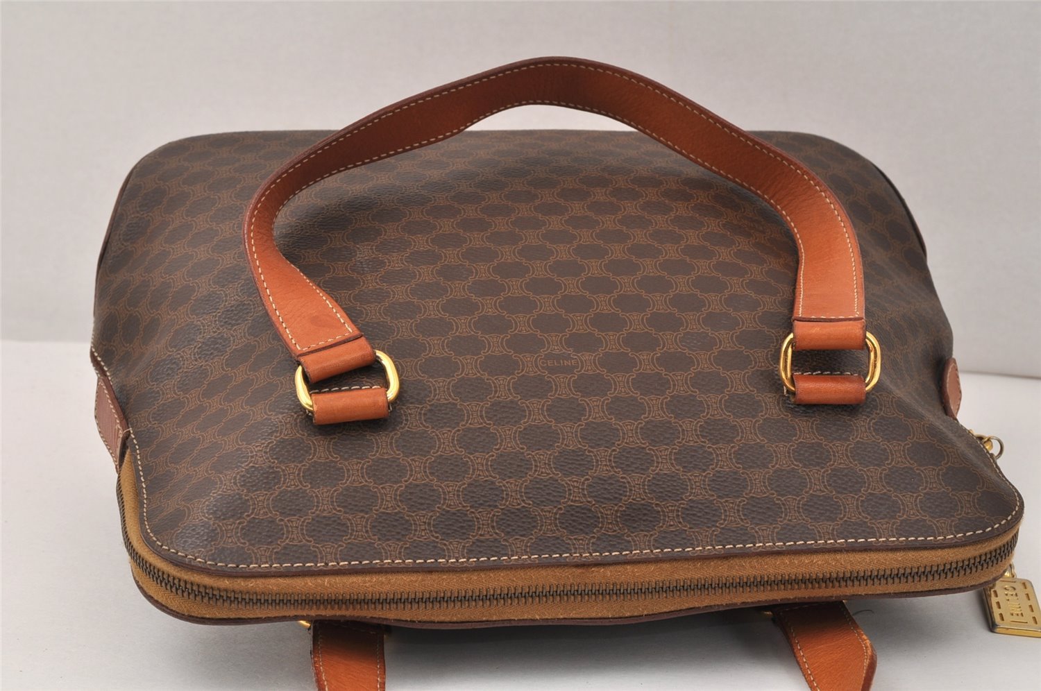 Authentic CELINE Macadam Blason Pattern Hand Tote Bag PVC Leather Brown 3757K