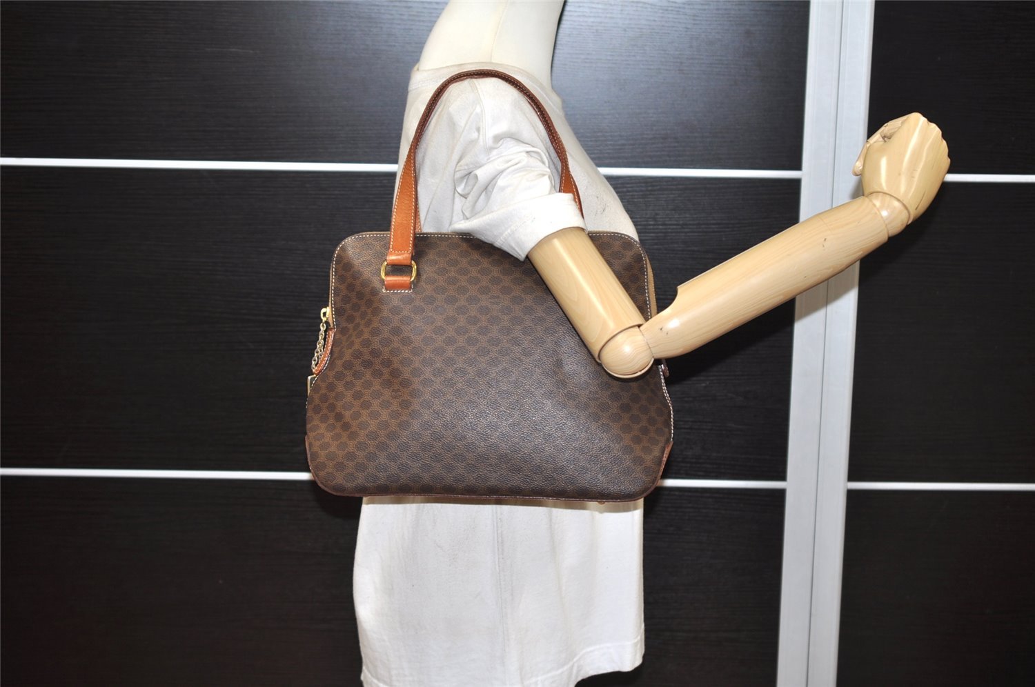 Authentic CELINE Macadam Blason Pattern Hand Tote Bag PVC Leather Brown 3757K