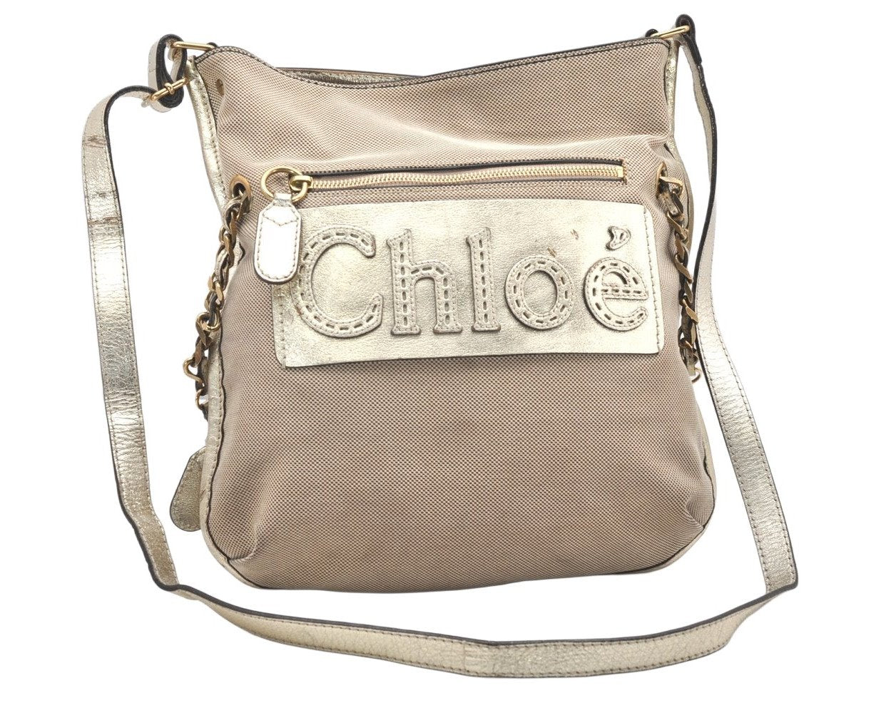 Authentic Chloe Harley Canvas Leather Shoulder Cross Body Bag Beige Gold 3760K