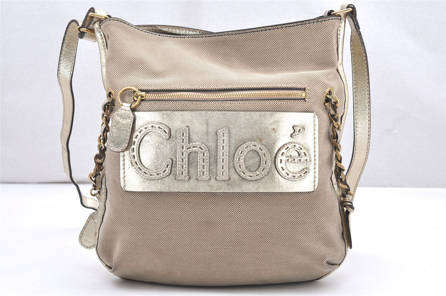 Authentic Chloe Harley Canvas Leather Shoulder Cross Body Bag Beige Gold 3760K