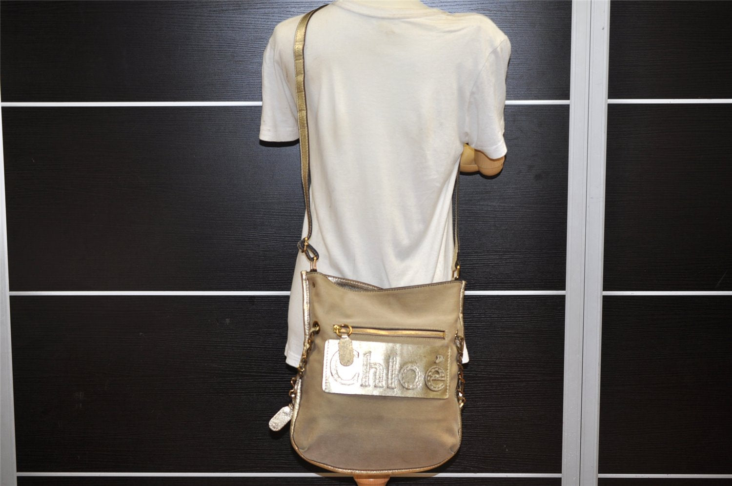 Authentic Chloe Harley Canvas Leather Shoulder Cross Body Bag Beige Gold 3760K