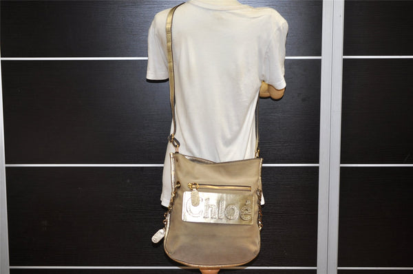 Authentic Chloe Harley Canvas Leather Shoulder Cross Body Bag Beige Gold 3760K