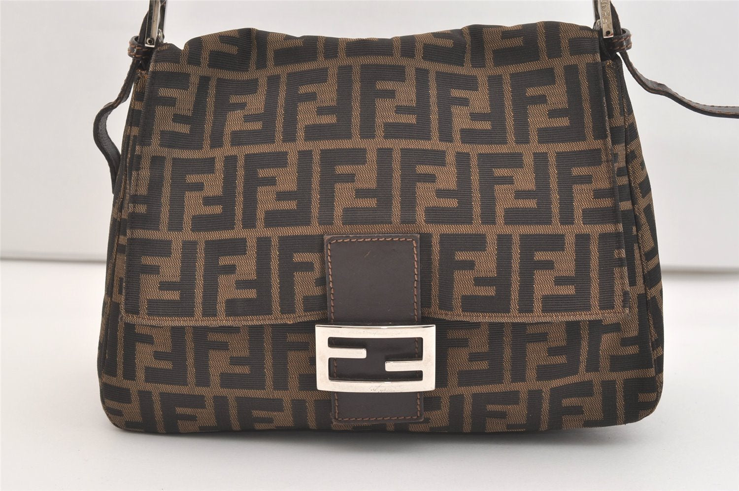 Authentic FENDI Zucca Mamma Baguette Shoulder Bag Canvas Leather Brown 3764J