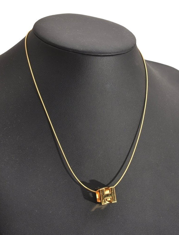 Authentic HERMES Cage De Ash H Cube Pendant Necklace Gold Box 3765J