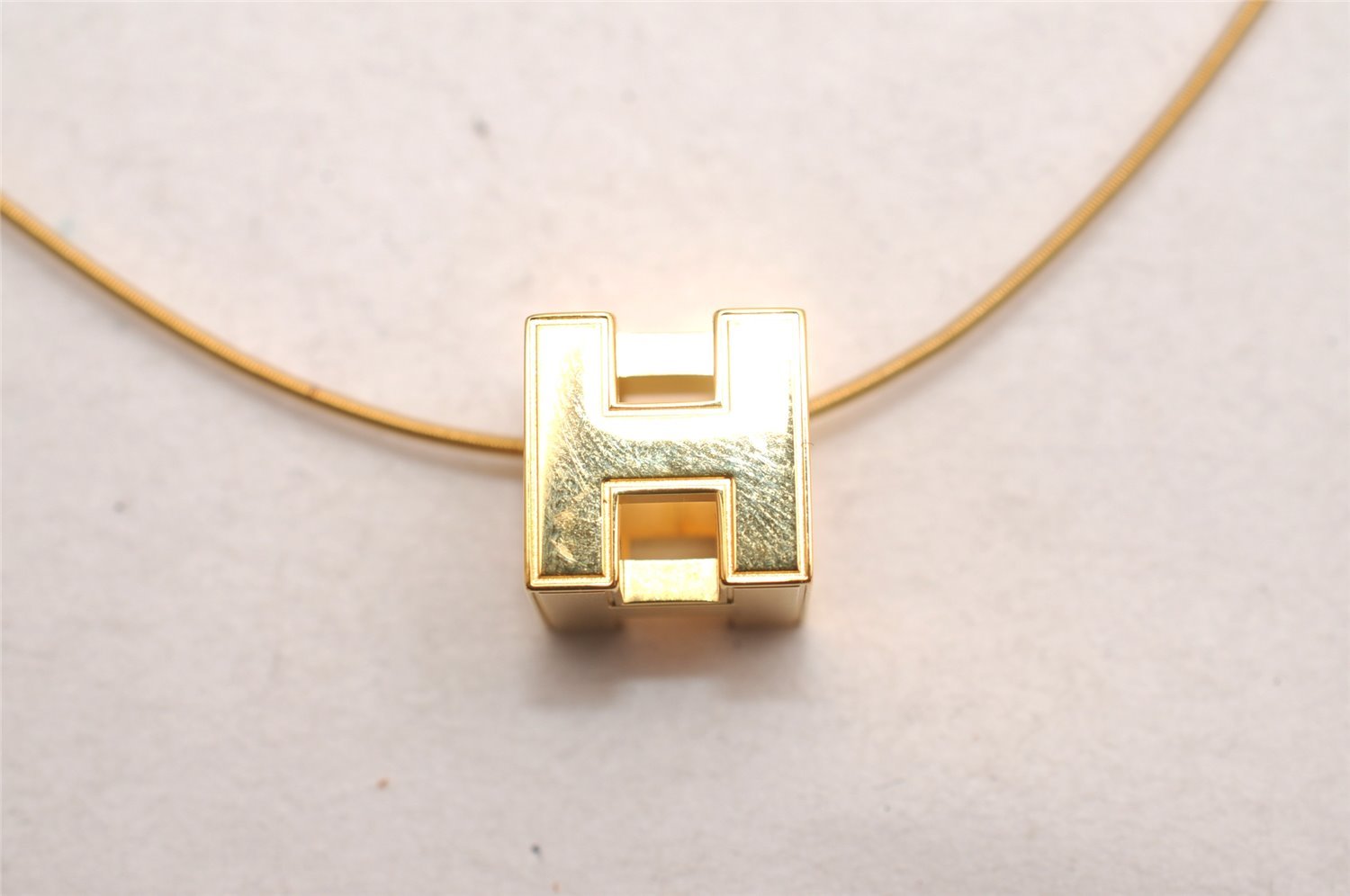 Authentic HERMES Cage De Ash H Cube Pendant Necklace Gold Box 3765J