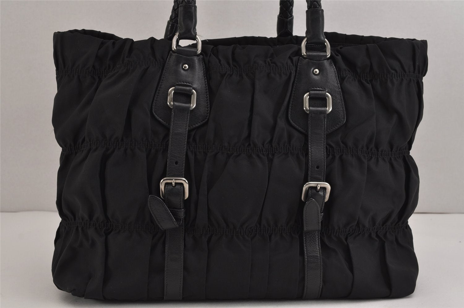 Authentic PRADA Tessuto Gaufre Nylon Leather Shoulder Hand Tote Bag Black 3768J