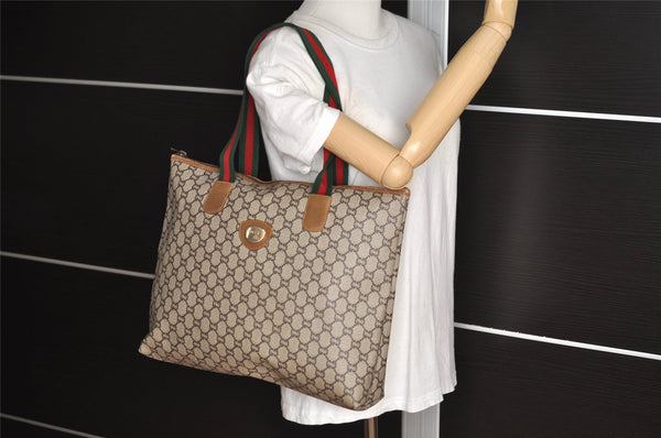 Authentic GUCCI Web Sherry Line GG Plus GG PVC Leather Tote Bag Brown 3769I