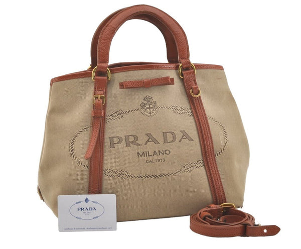 Authentic PRADA LOGO JACQUARD Canvas Leather 2Way Tote Bag BN1671 Beige 3769J