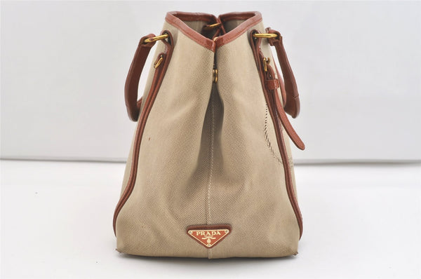 Authentic PRADA LOGO JACQUARD Canvas Leather 2Way Tote Bag BN1671 Beige 3769J