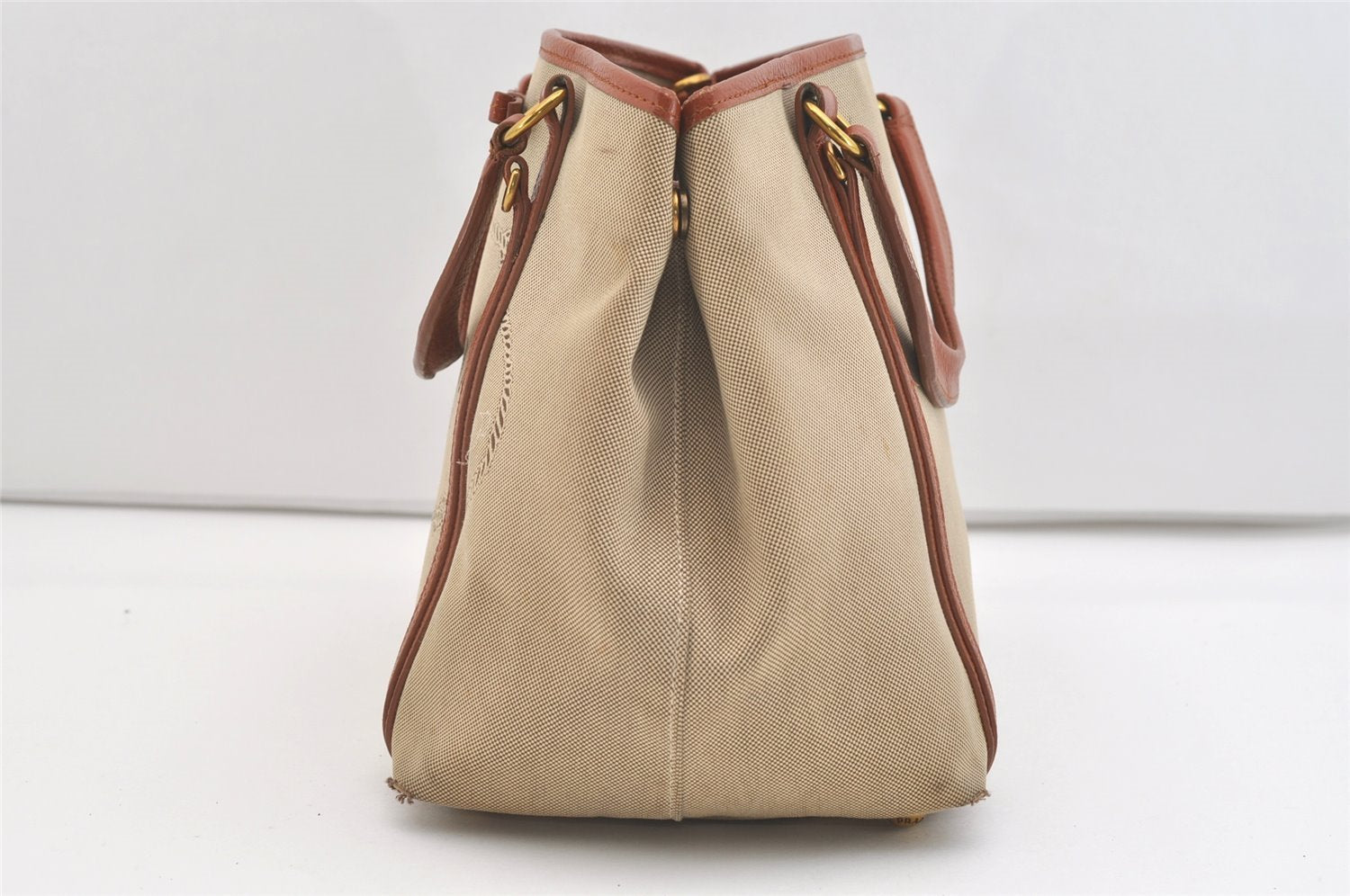 Authentic PRADA LOGO JACQUARD Canvas Leather 2Way Tote Bag BN1671 Beige 3769J