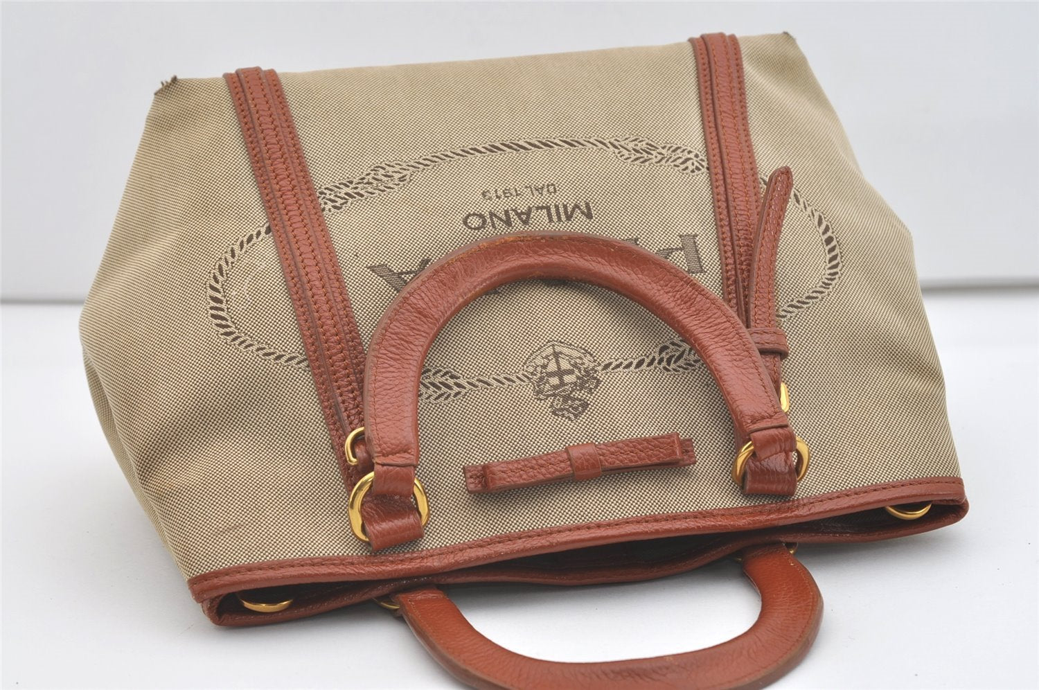 Authentic PRADA LOGO JACQUARD Canvas Leather 2Way Tote Bag BN1671 Beige 3769J