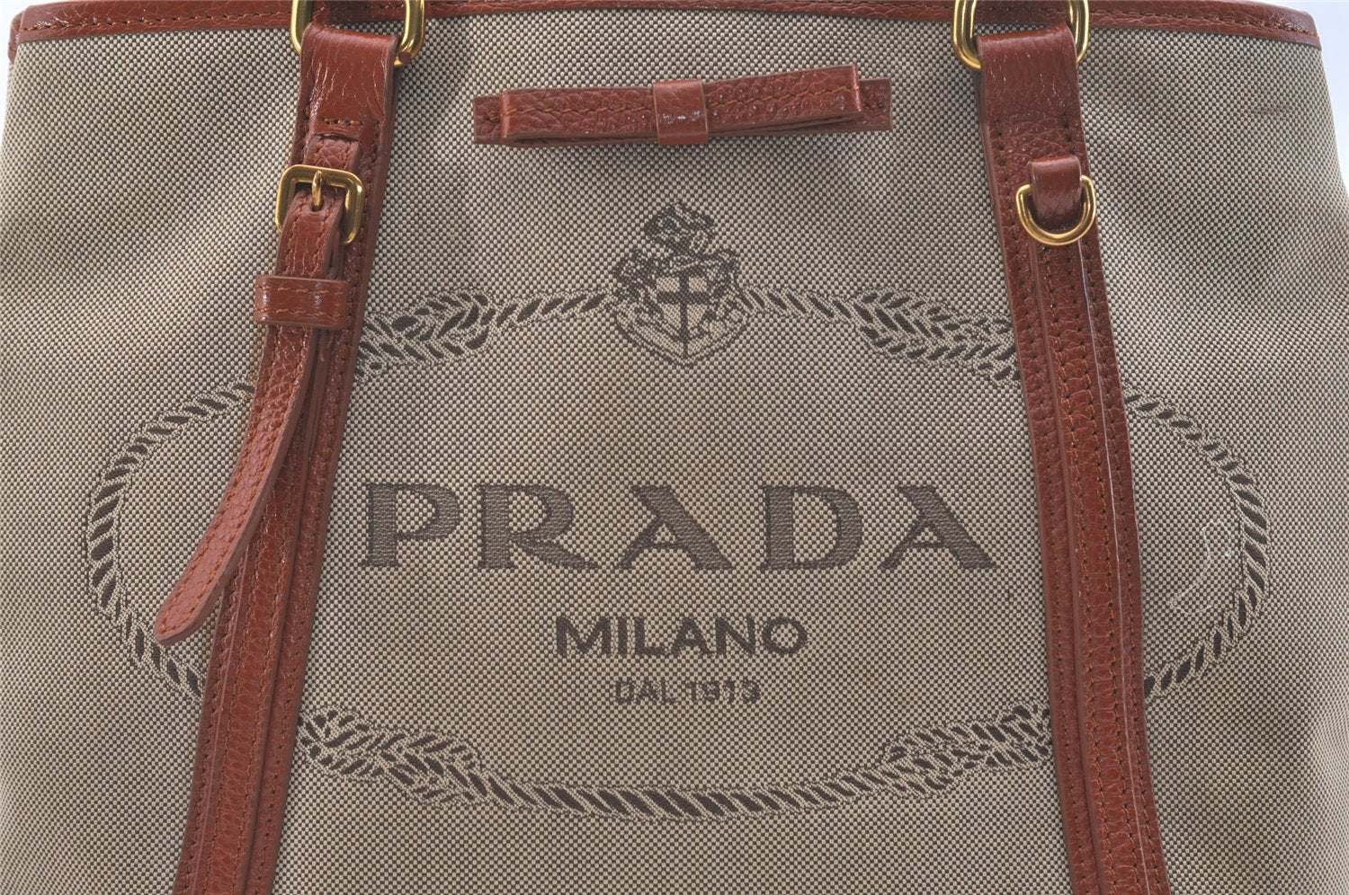 Authentic PRADA LOGO JACQUARD Canvas Leather 2Way Tote Bag BN1671 Beige 3769J