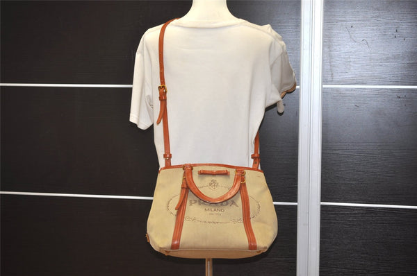 Authentic PRADA LOGO JACQUARD Canvas Leather 2Way Tote Bag BN1671 Beige 3769J
