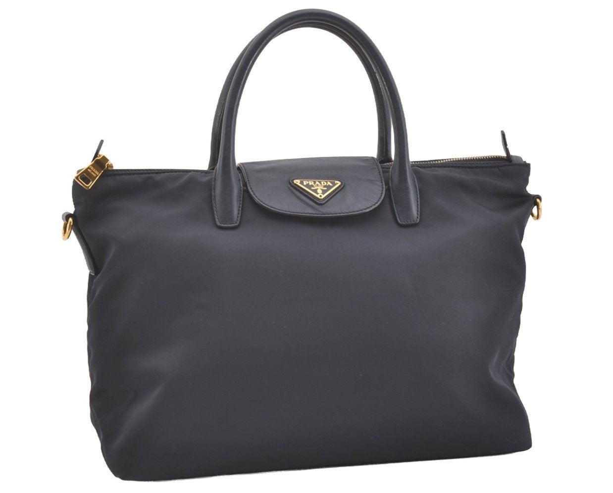 Authentic PRADA Vintage Nylon Tessuto Leather 2Way Shoulder Tote Bag Navy 3770J