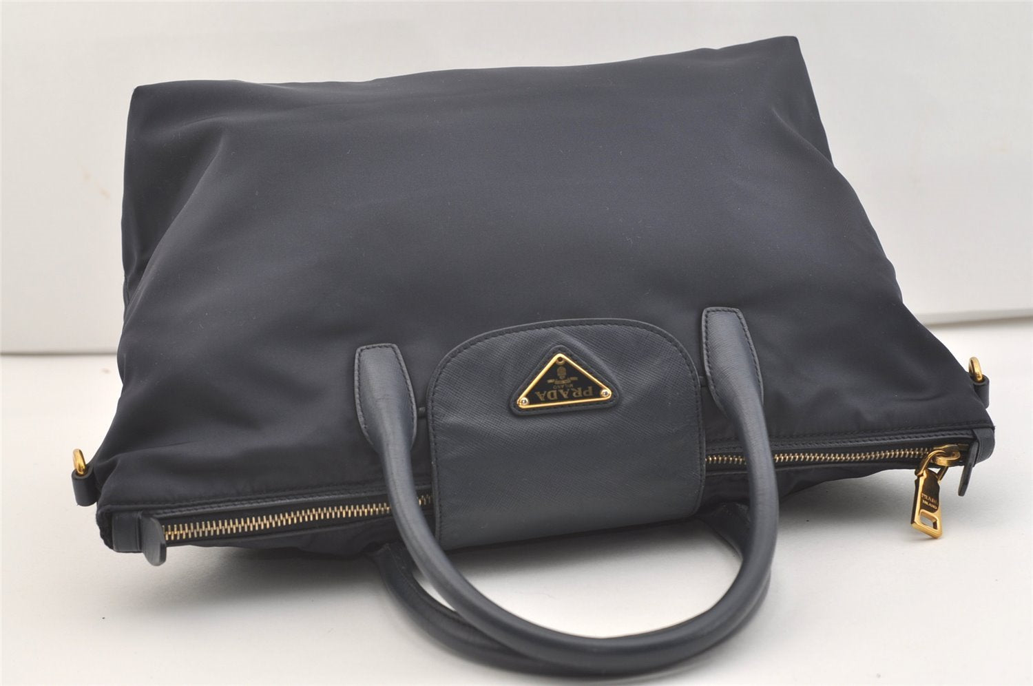 Authentic PRADA Vintage Nylon Tessuto Leather 2Way Shoulder Tote Bag Navy 3770J