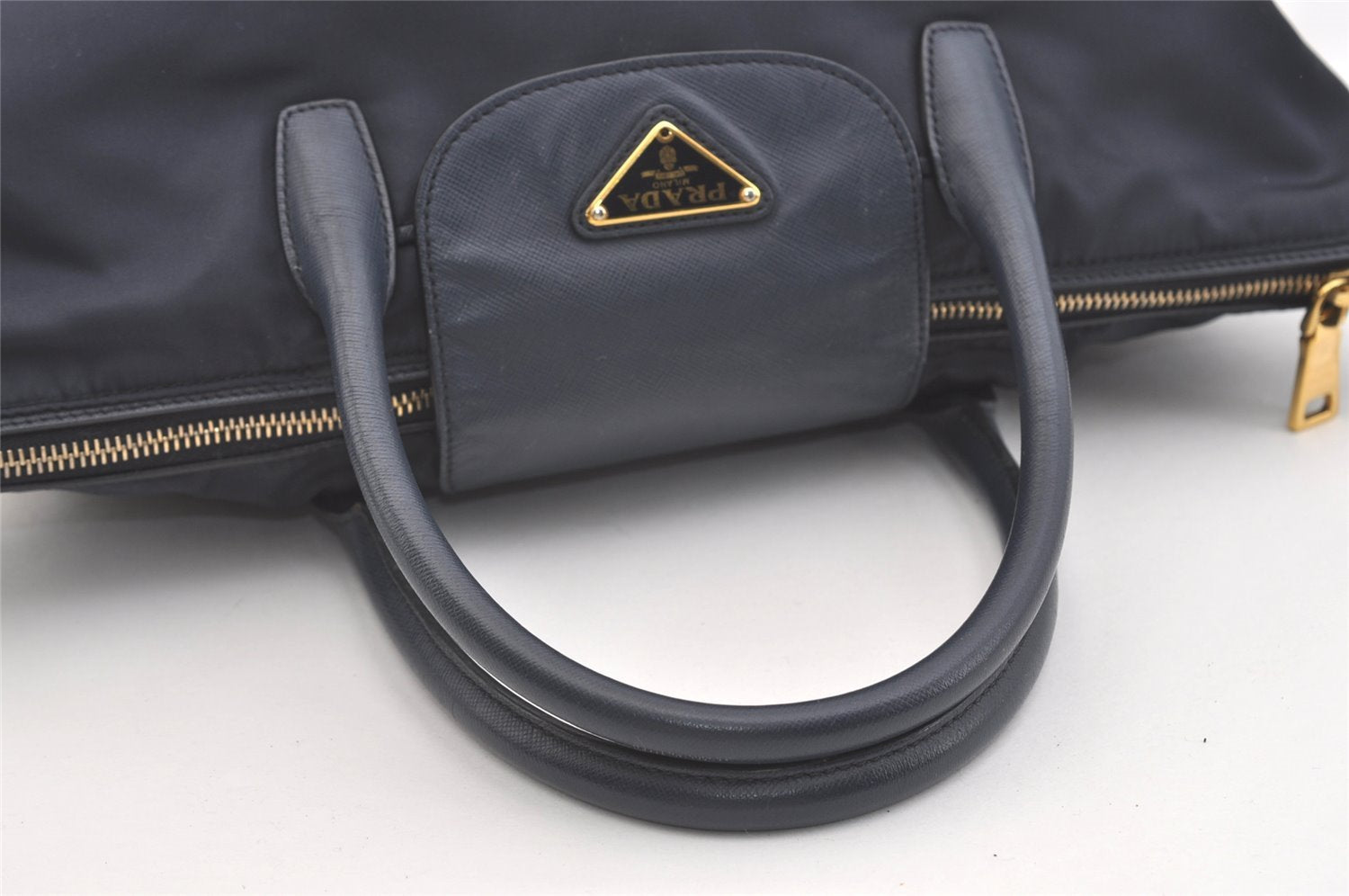 Authentic PRADA Vintage Nylon Tessuto Leather 2Way Shoulder Tote Bag Navy 3770J