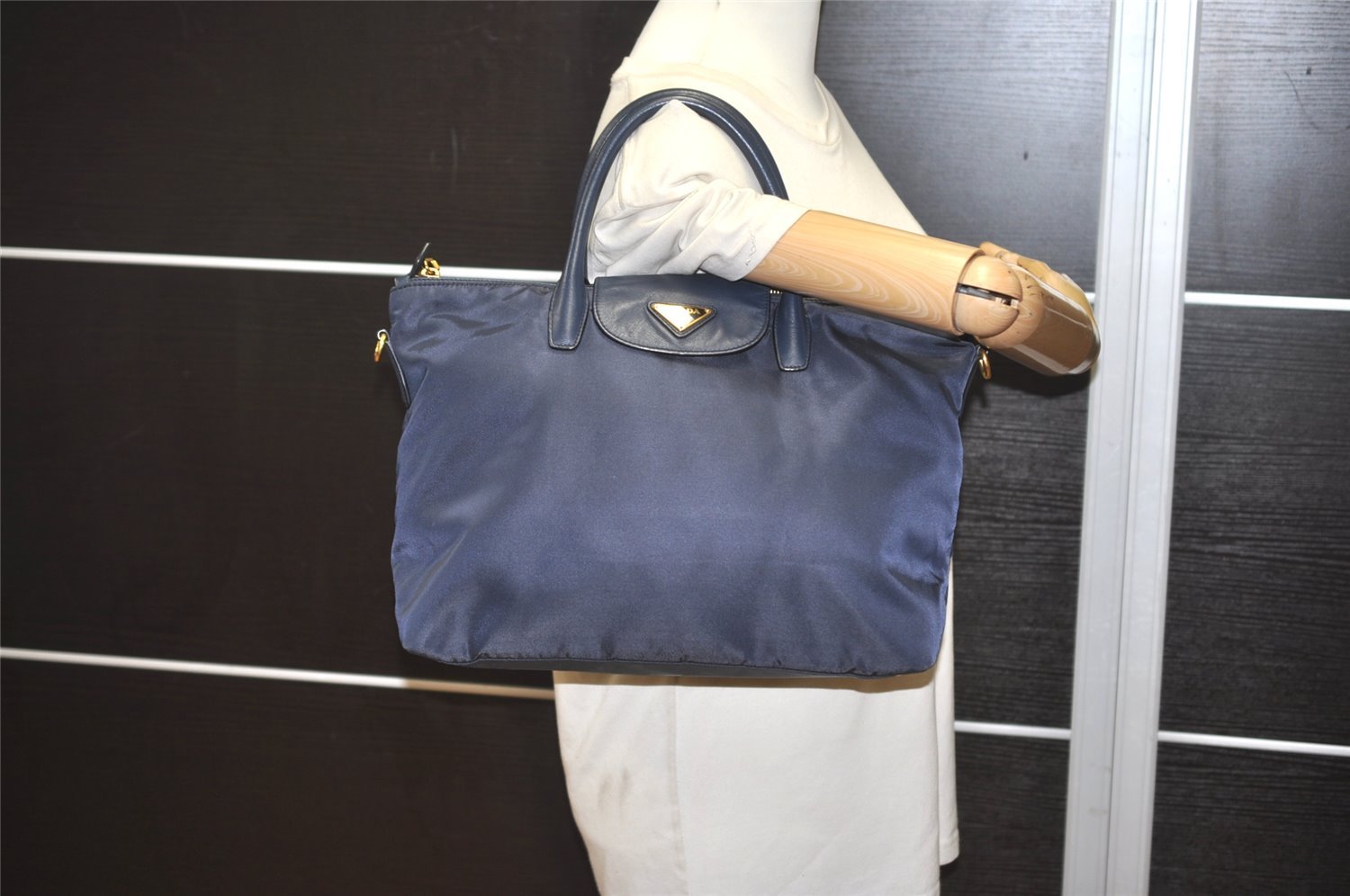 Authentic PRADA Vintage Nylon Tessuto Leather 2Way Shoulder Tote Bag Navy 3770J
