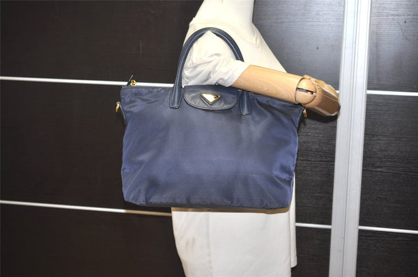 Authentic PRADA Vintage Nylon Tessuto Leather 2Way Shoulder Tote Bag Navy 3770J
