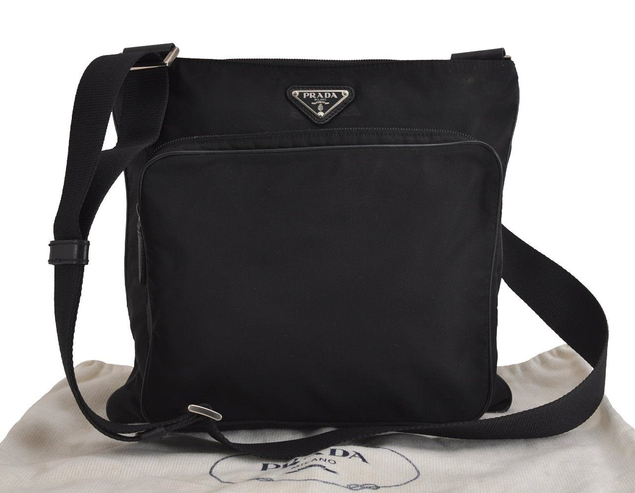 Authentic PRADA Nylon Tessuto Leather Shoulder Cross Body Bag Purse Black 3772J