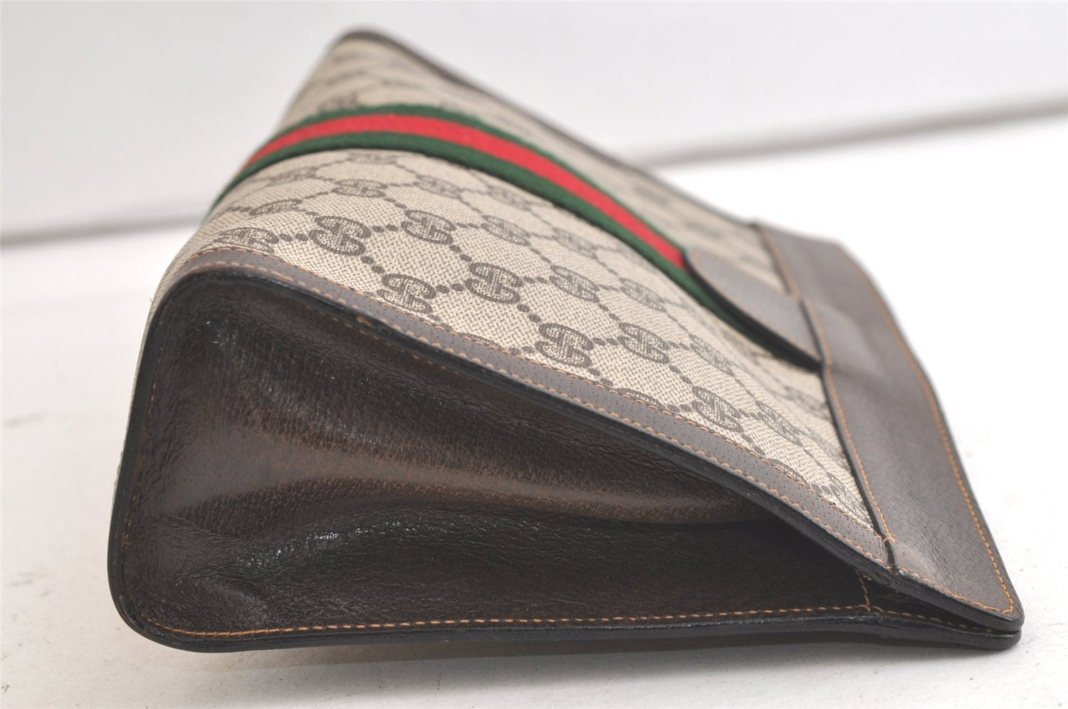 Authentic GUCCI Web Sherry Line Clutch Hand Bag Purse GG PVC Leather Brown 3776K