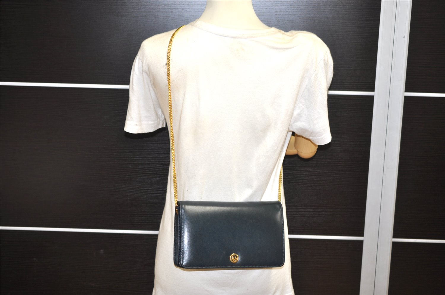 Authentic Christian Dior Chain Shoulder Cross Body Bag Leather Navy Blue 3777K