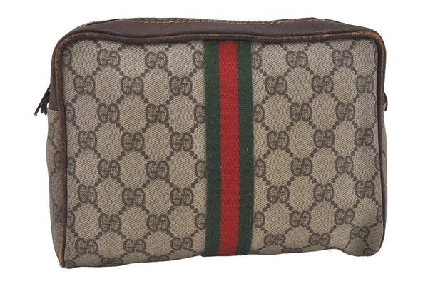 Authentic GUCCI Web Sherry Line Clutch Hand Bag Purse GG PVC Leather Brown 3781I