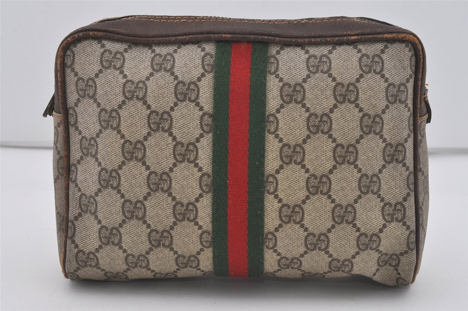 Authentic GUCCI Web Sherry Line Clutch Hand Bag Purse GG PVC Leather Brown 3781I